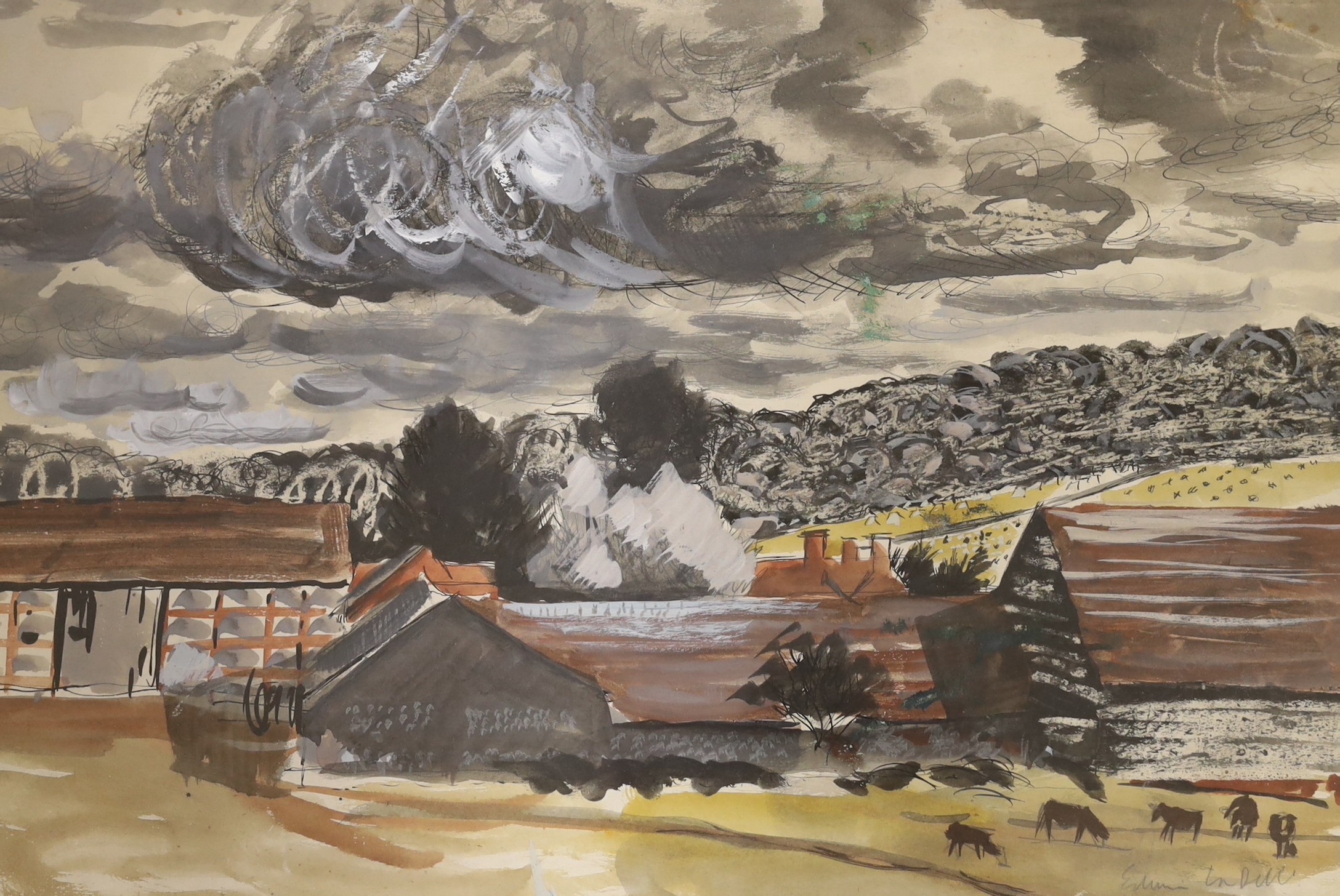 Edwin LaDell (1919-1970), ink and watercolour, 'Stonor Park', signed with Exhibition labels verso, 35 x 52cm